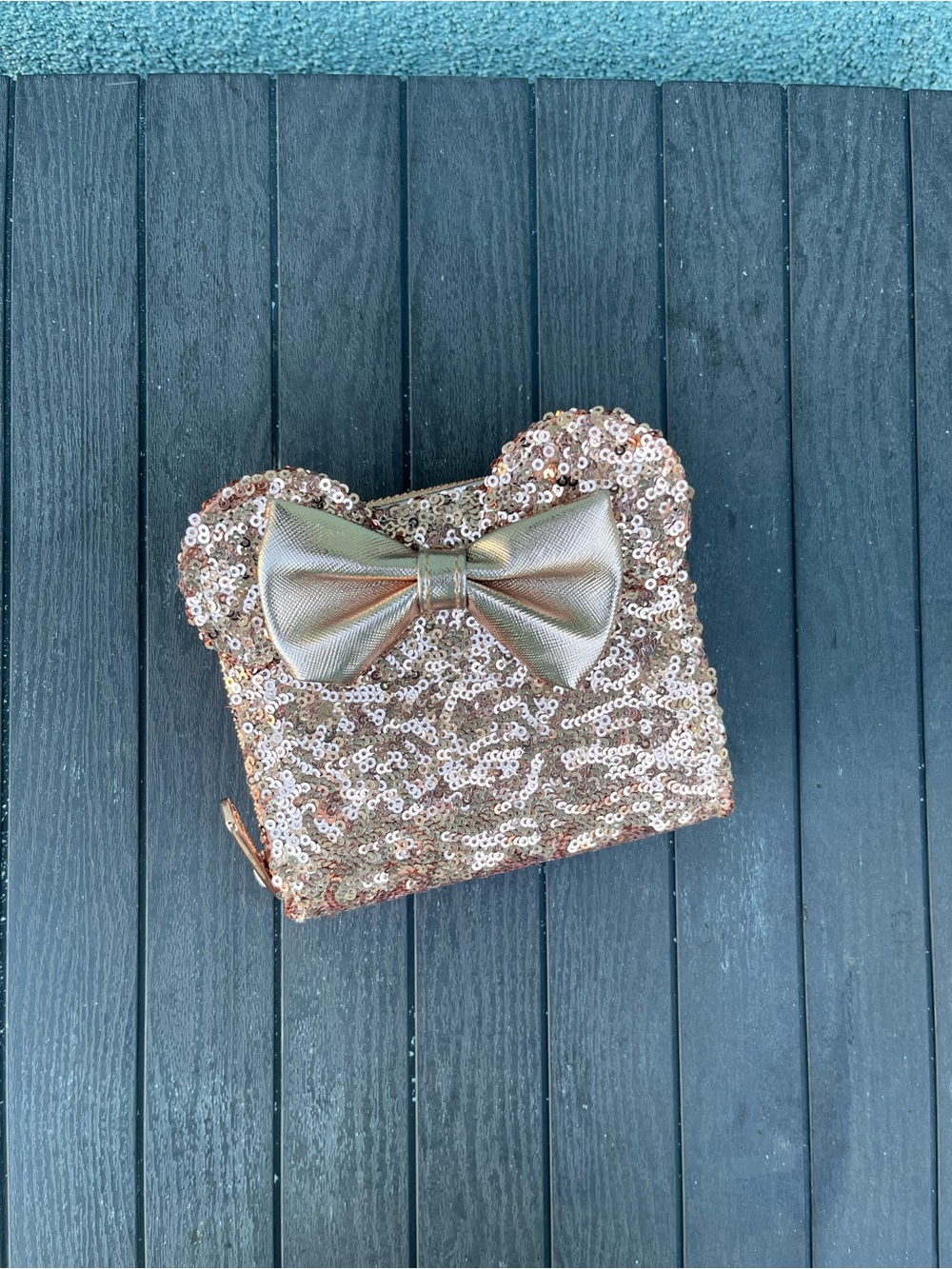 Disney Loungefly Sequin Bow Accent Wristlet Pouch - Rose Gold